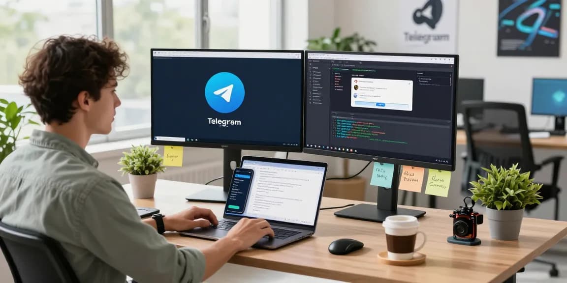 Download Telegram on your devices with a stylish workspace showing Telegram's interface and developer tools.