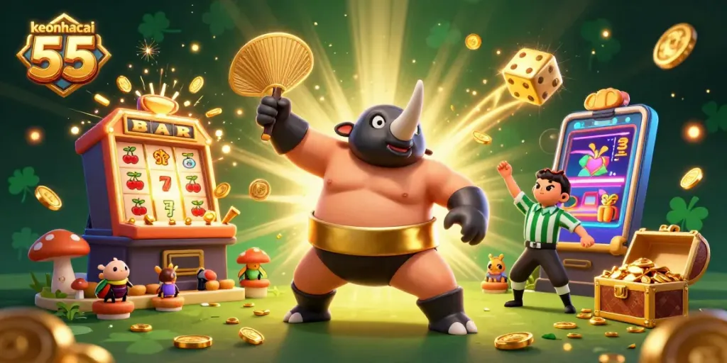 Engaging 3D illustration showcasing keonhacai 55 excitement with a beetle sumo champion amidst falling coins and vibrant casino elements.