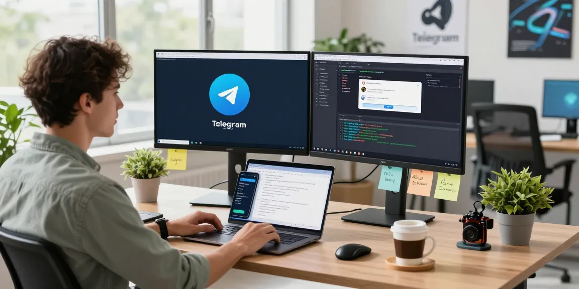 Download Telegram on your devices with a stylish workspace showing Telegram's interface and developer tools.