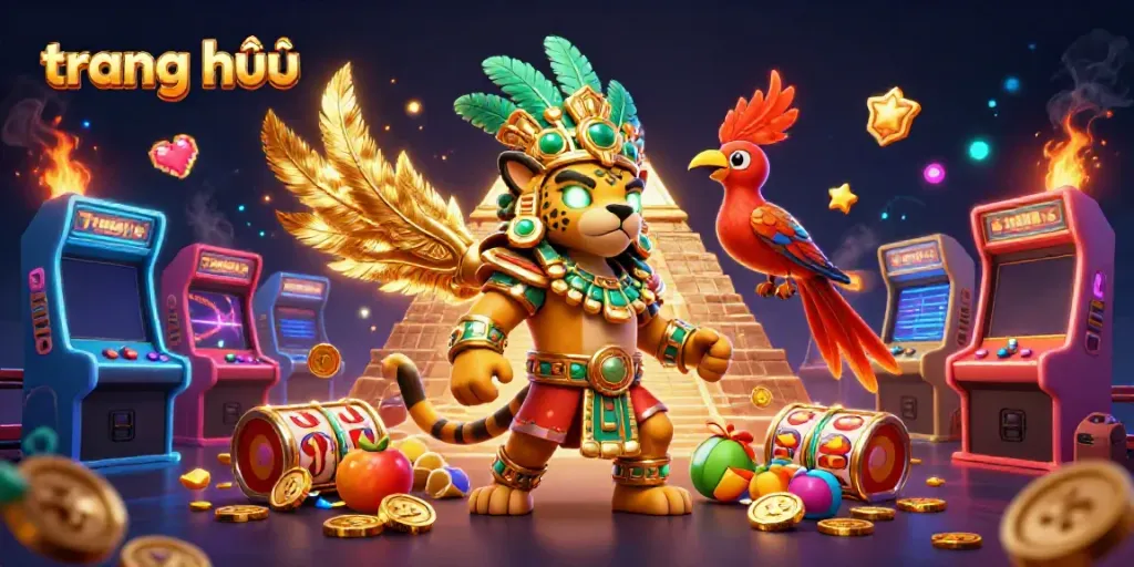 Engaging scene showcasing gambling elements on trang chủ with Mayan priest, quetzal bird, and dynamic visuals.