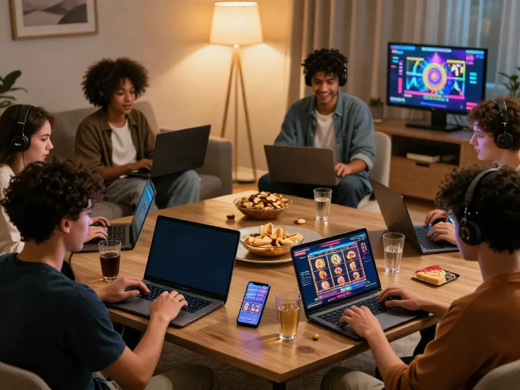 Diverse friends enjoying da88 slot games on laptops in a cozy living room.
