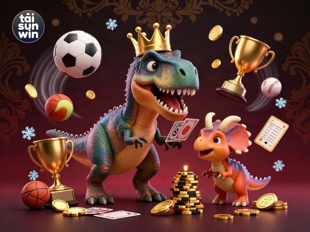Engage with the vibrant action and excitement as you tải sun win, featuring a friendly T-Rex, pterodactyl, and baby triceratops in a dynamic casino scene.
