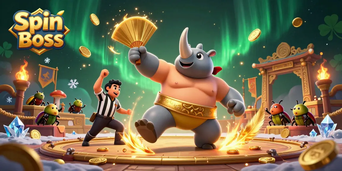Experience Spin Boss excitement with a vibrant casino arena, golden coins, and lively characters.