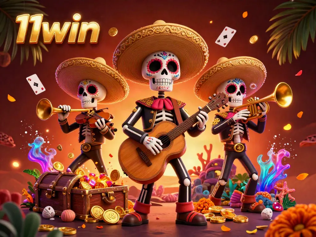 Experience vibrant 11win gaming with a dynamic mariachi band, floating cards, and treasures in a colorful underwater scene.