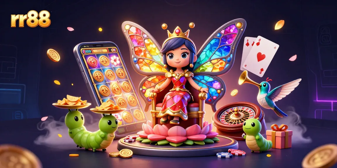 Engage with rr88’s magical casino world featuring a colorful butterfly queen, slot games, and vivid game elements.