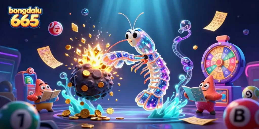Experience the excitement of bongdalu 666 as the mantis shrimp battles through golden gems and coins in a 3D illustration.