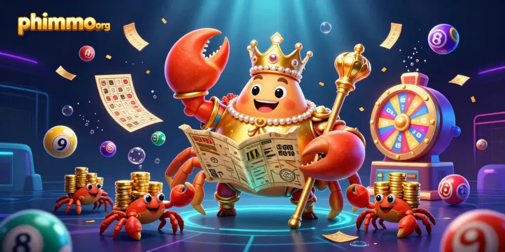 Engage with phimmoi org's vibrant 3D gaming scene featuring a golden crab emperor among colorful lottery elements.