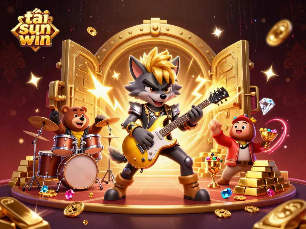 Experience thrilling games with tải sun win as a rock star wolf and drummer bear electrify the casino stage.