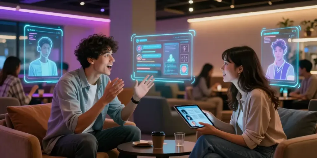 Group enjoying juicy ai conversations in a futuristic lounge.