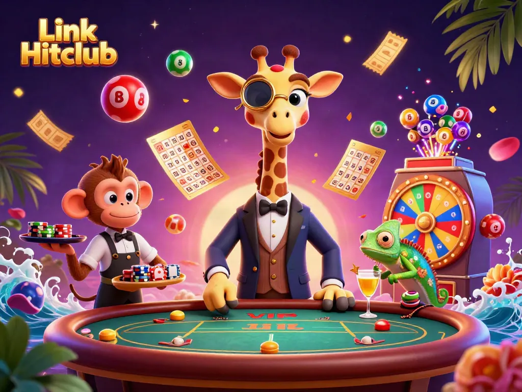 Experience thrilling fun with Link Hitclub in this dynamic casino illustration filled with vibrant game elements.