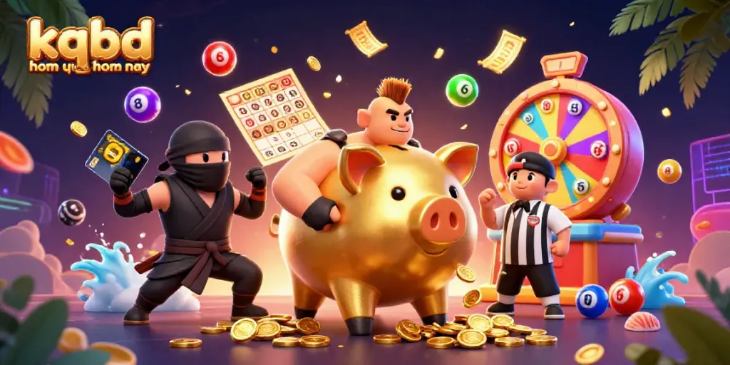 Engage with the vibrant kqbd hom qua hom nay scene, featuring a golden piggy bank sumo wrestler amidst exciting gambling elements.