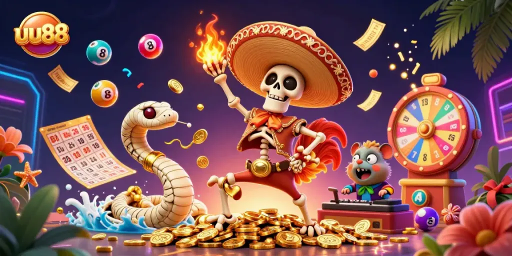 Engage in unparalleled excitement with uu88's animated casino adventure featuring vibrant characters and game elements.