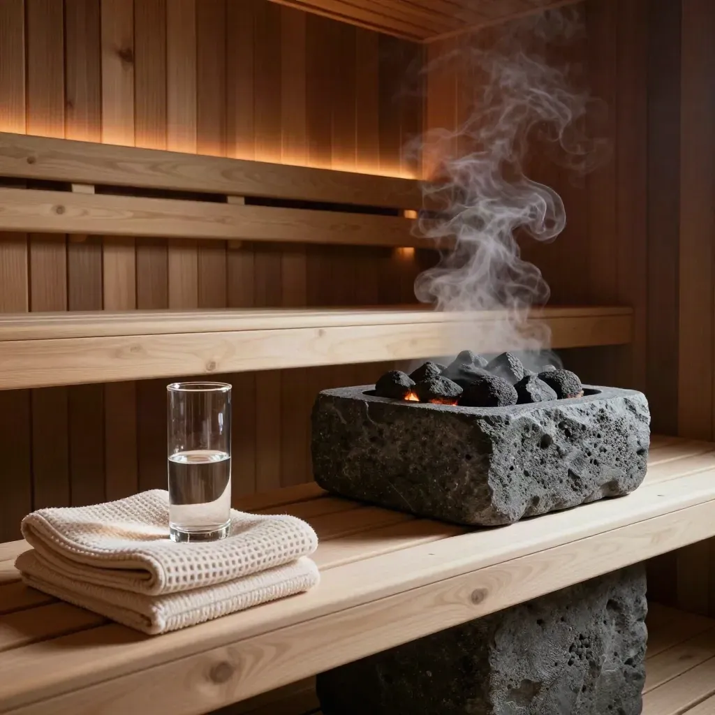 Saunacabine met stoom, stenen heater, gevouwen handdoeken en karaf op cederbank.