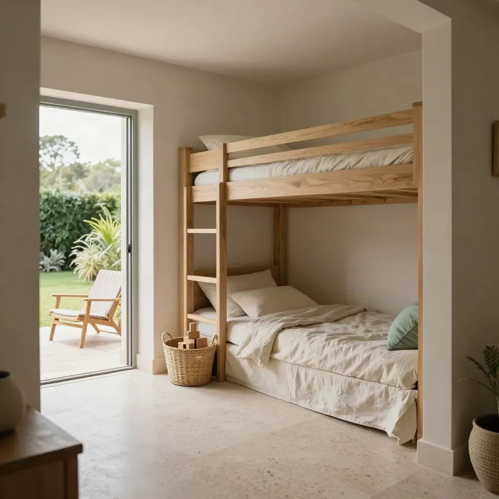 Bungalowinterieur met stapelbedhoek, slaapbank, speelgoedmand en twee terrasstoelen.