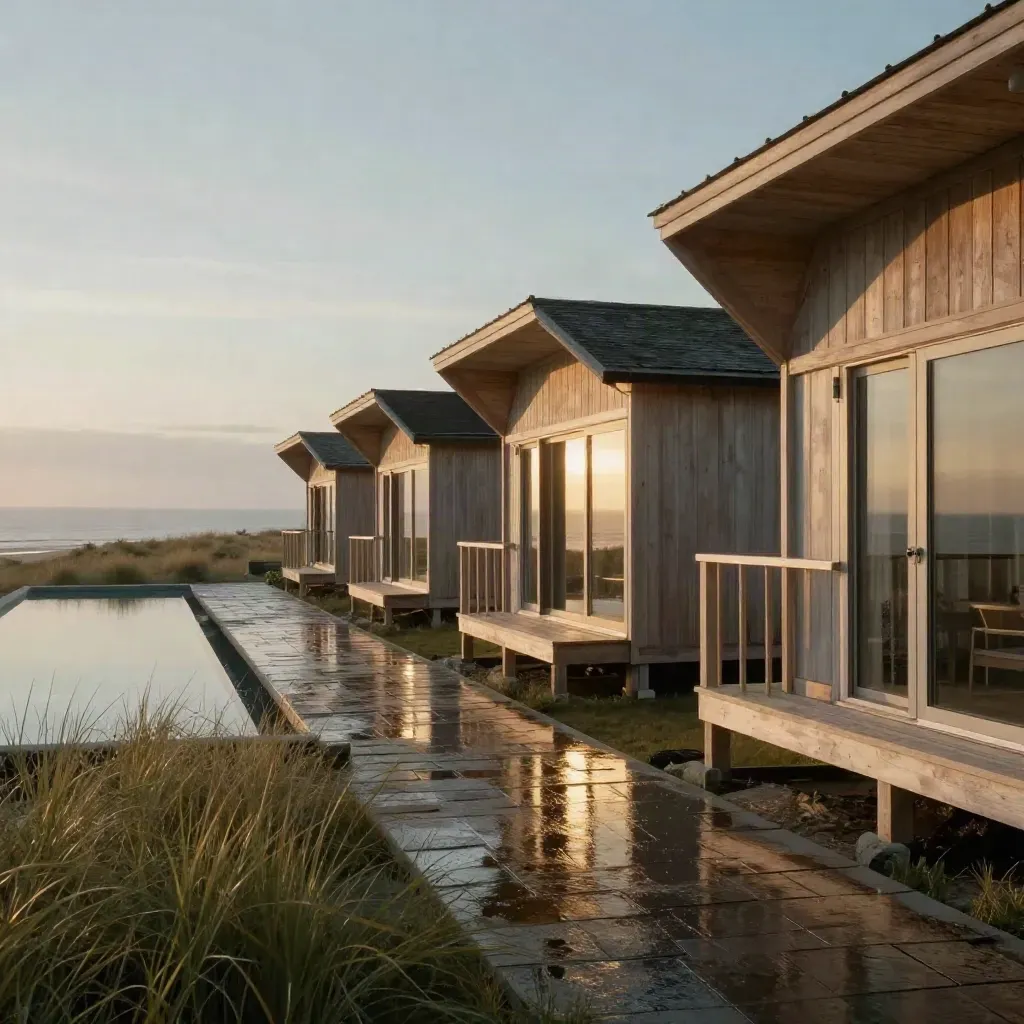 Luxe bungalowresort aan zee na regen, met houten lodges, natte paden en mistig avondlicht.