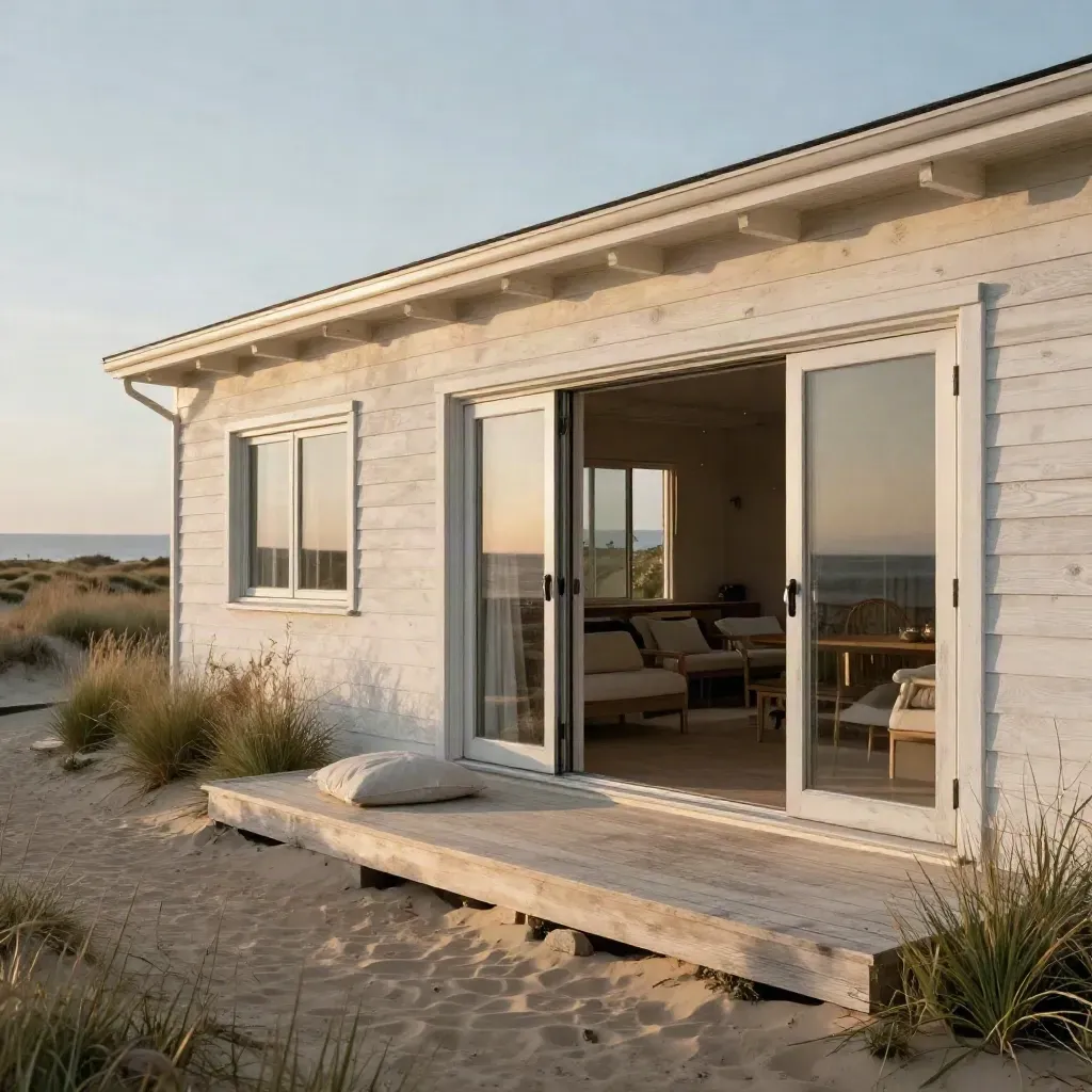 Seaside bungalow met open terras, pale wood en duingras in warm avondlicht.