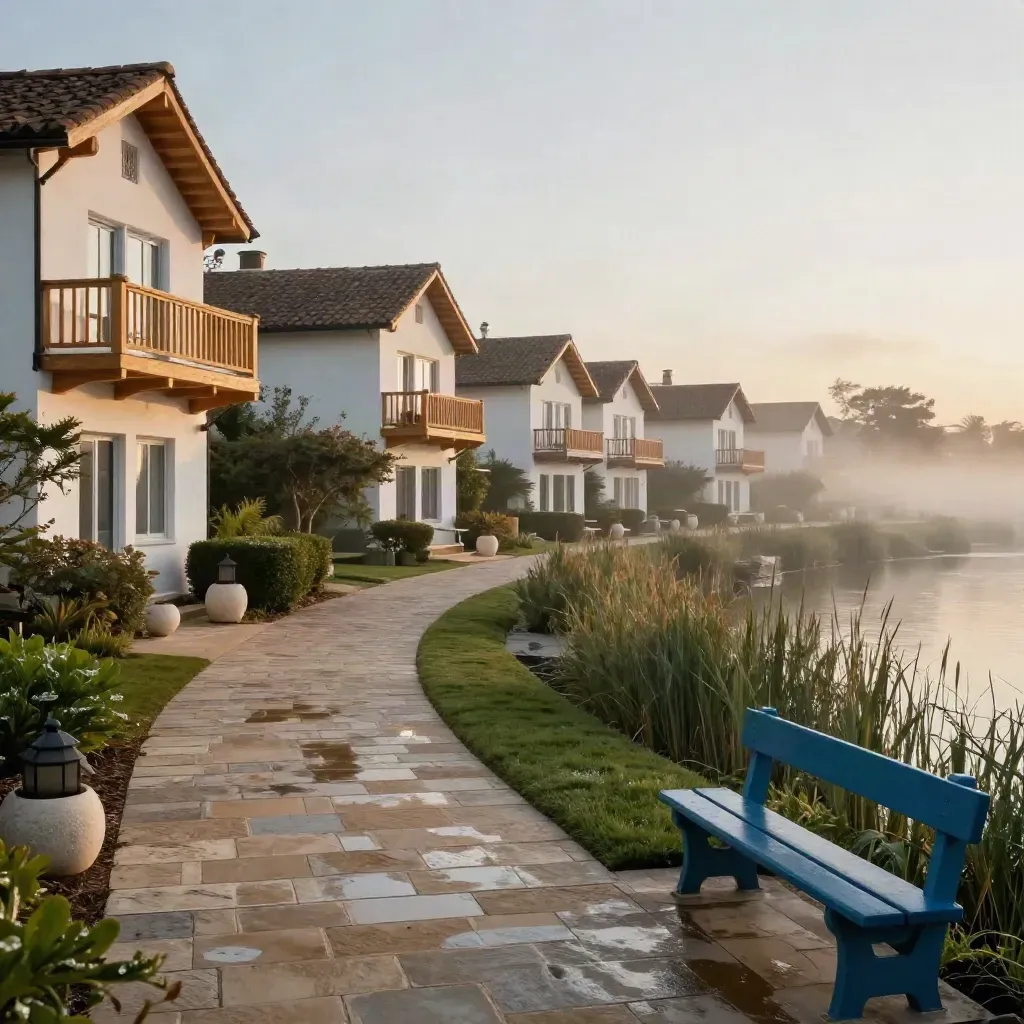 Rustige resortlaan langs villa’s, heggen en een lagune in zachte ochtendmist.