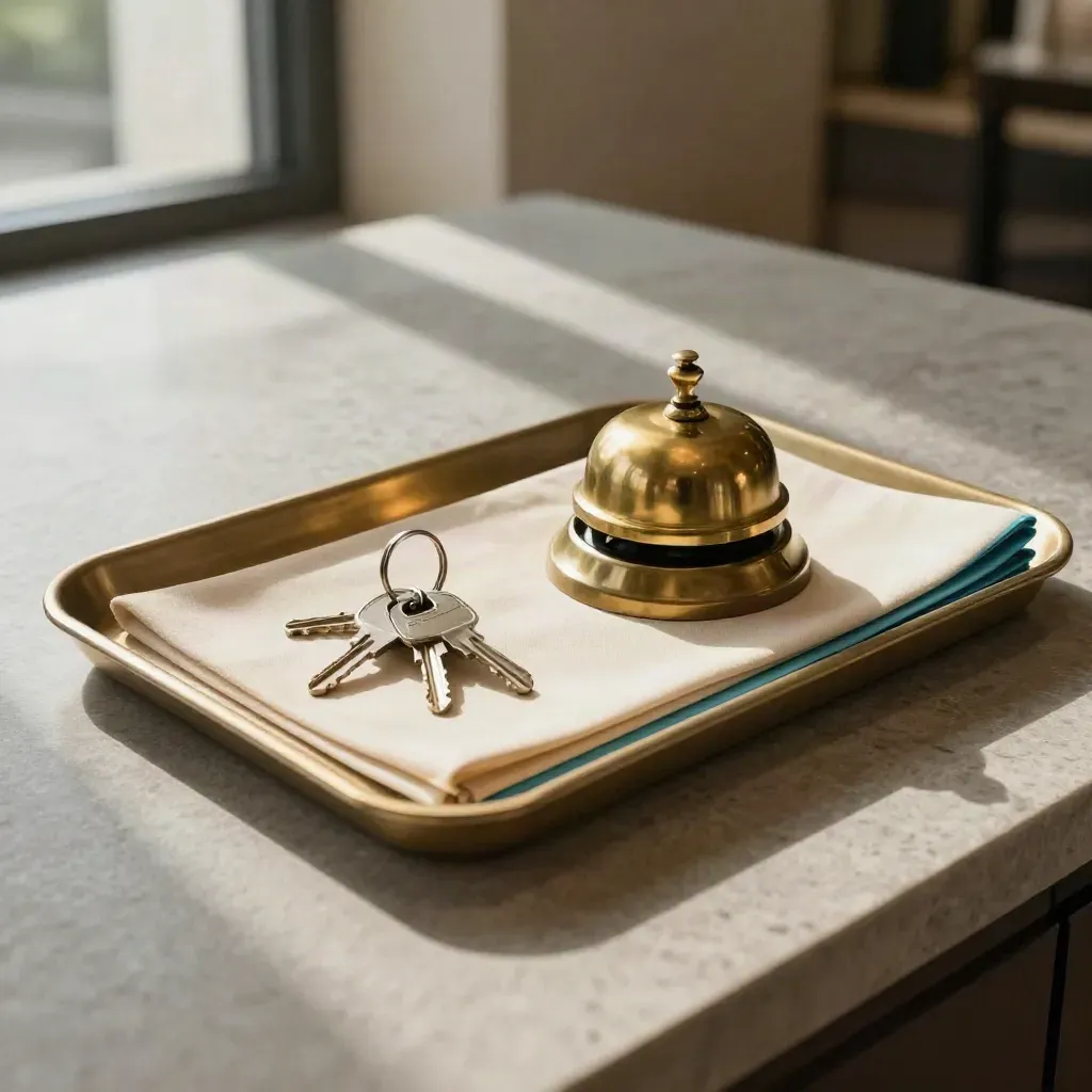 Conciergetray met brass bel, kamersleutels en gesloten map op een warme stenen balie.