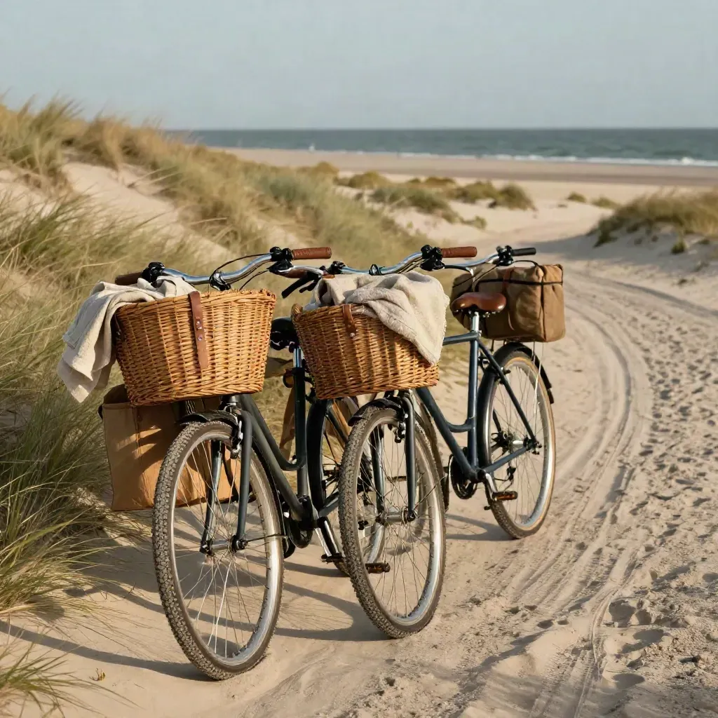 Twee fietsen met manden, picknickmand en deken bij een duinpad naar zee.