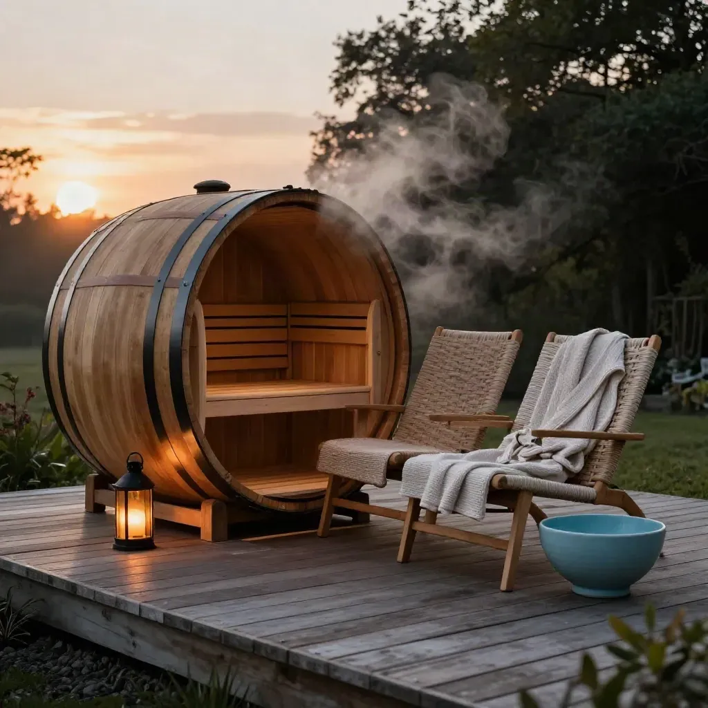 Terras met barrelsauna, twee loungestoelen, lantaarn en badjassen in avondschemering.