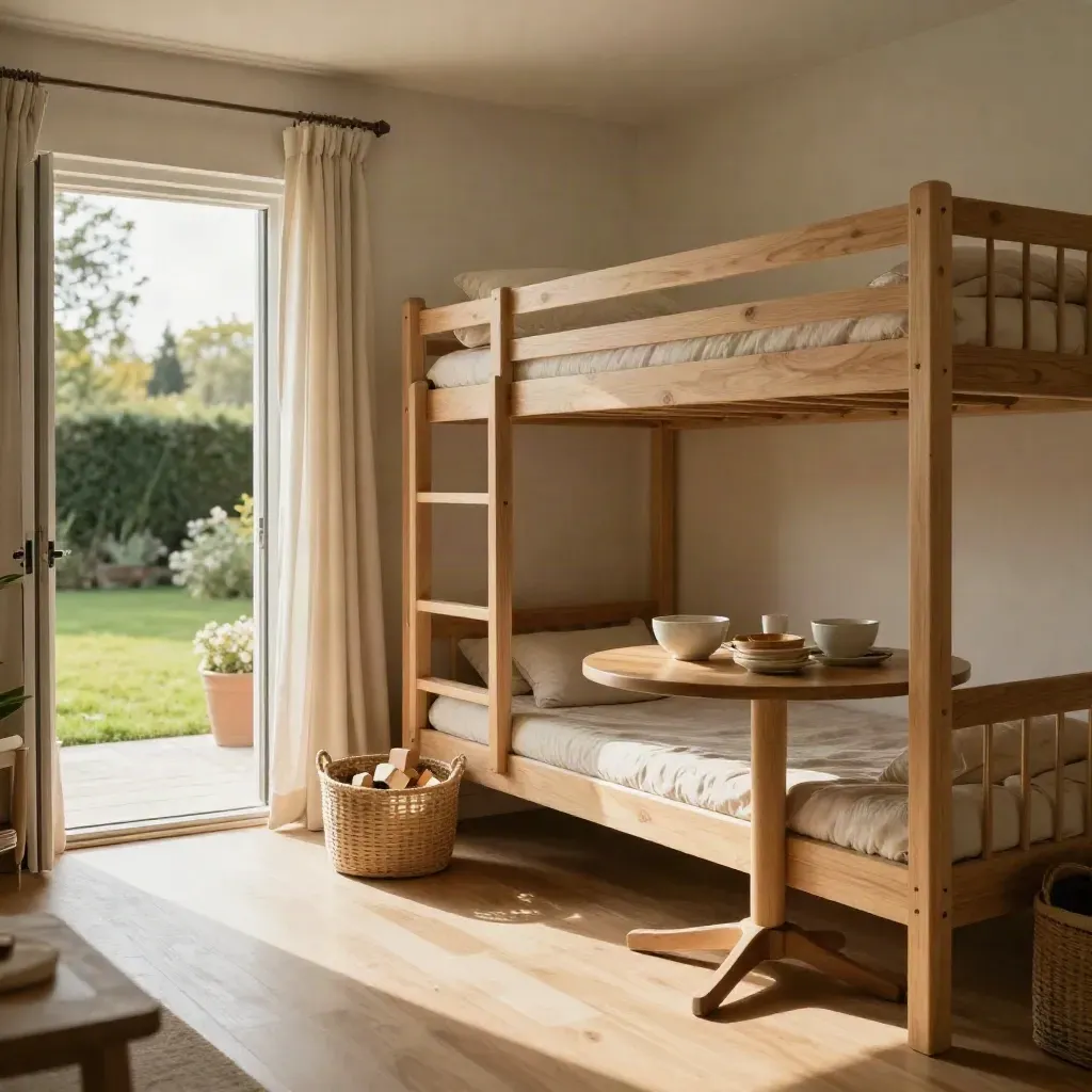 Lichte familiebungalow met stapelbednis, speelgoedmand, ontbijttafel en terrasdeuren naar het gazon.