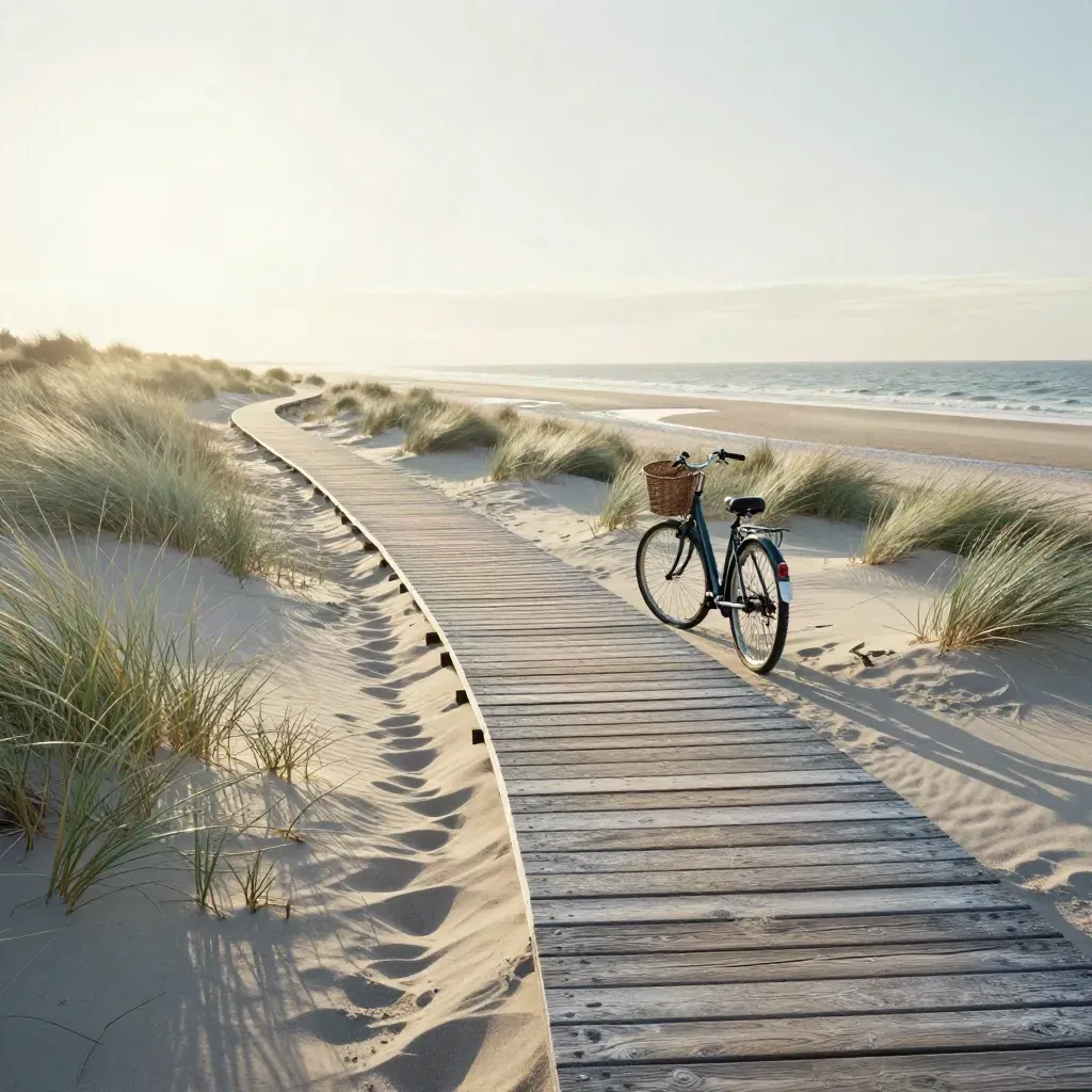 Duinpad met houten vlonder, wuivend helmgras, fiets en zee aan de horizon.