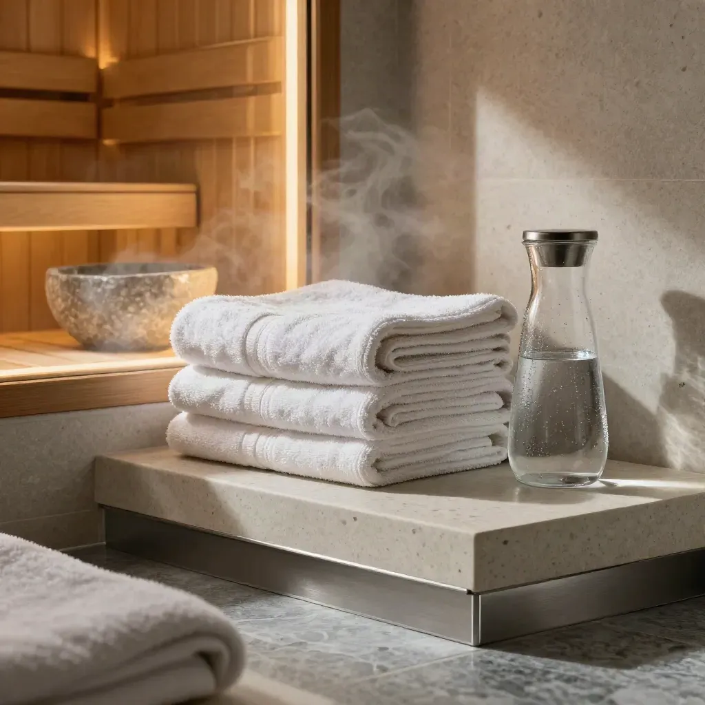 Spa-suite met sauna-raam, opgevouwen handdoeken, stenen kom en karaf in zachte stoom.
