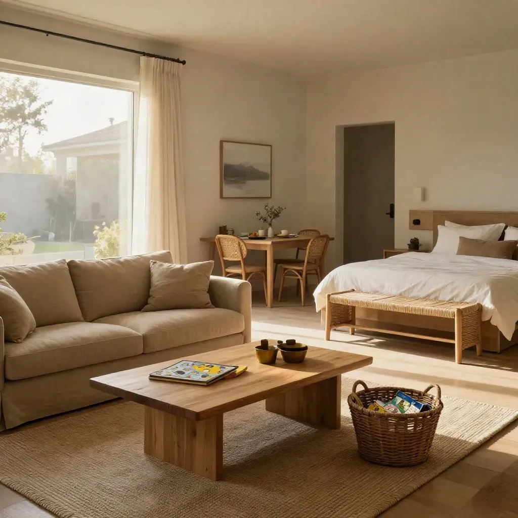 Bungalowinterieur met sofa, opgemaakt bed, spelmand en ontbijthoek in zacht ochtendlicht.