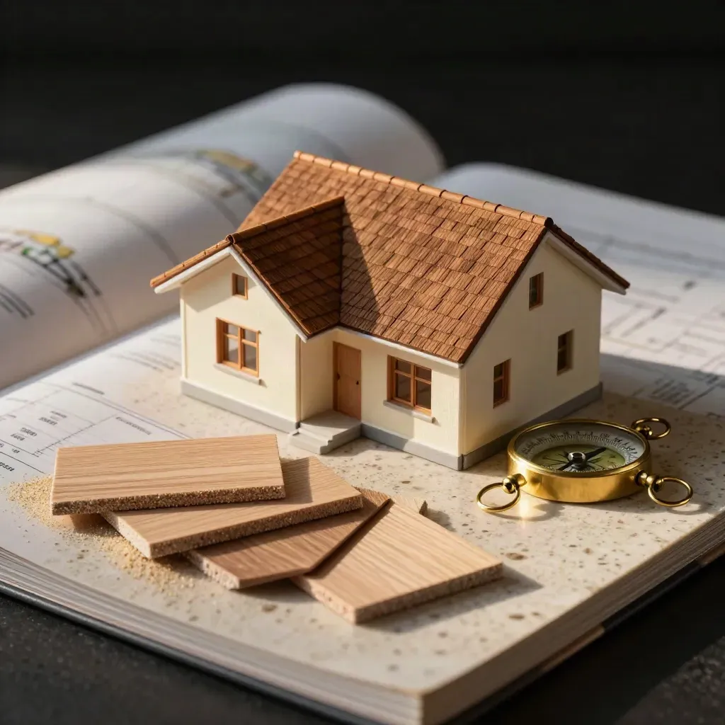 Miniatuur bungalowmodel met messing kompas en dakshingles op een zandkleurige werkplaat.