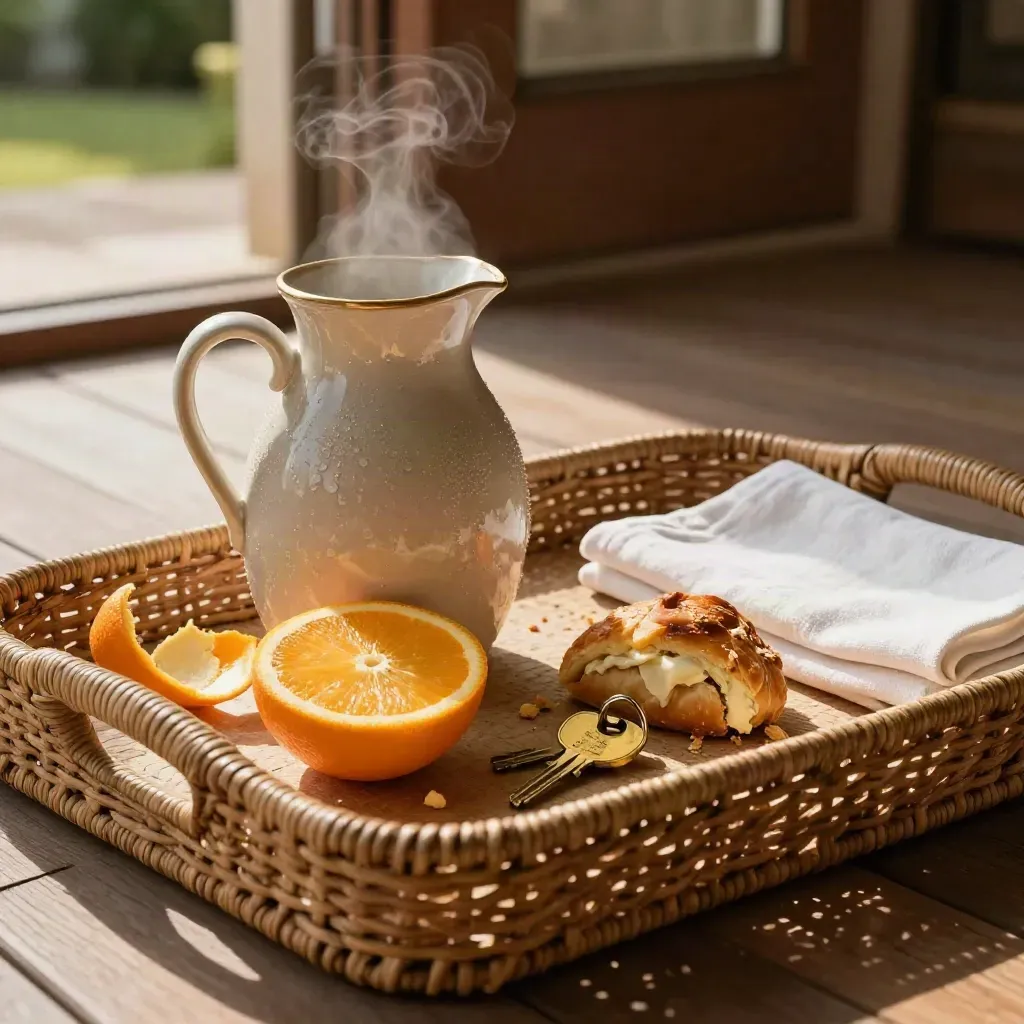 Ontbijtblad met keramische kan, citrus en brass sleutelhanger in zacht bungalowlicht