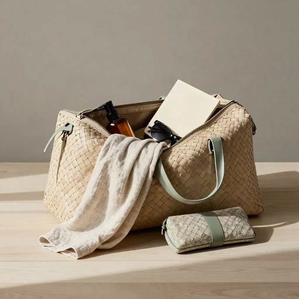 Gevulde weekender met linnen shirt, toilettas en zonnebril-etui op licht hout.