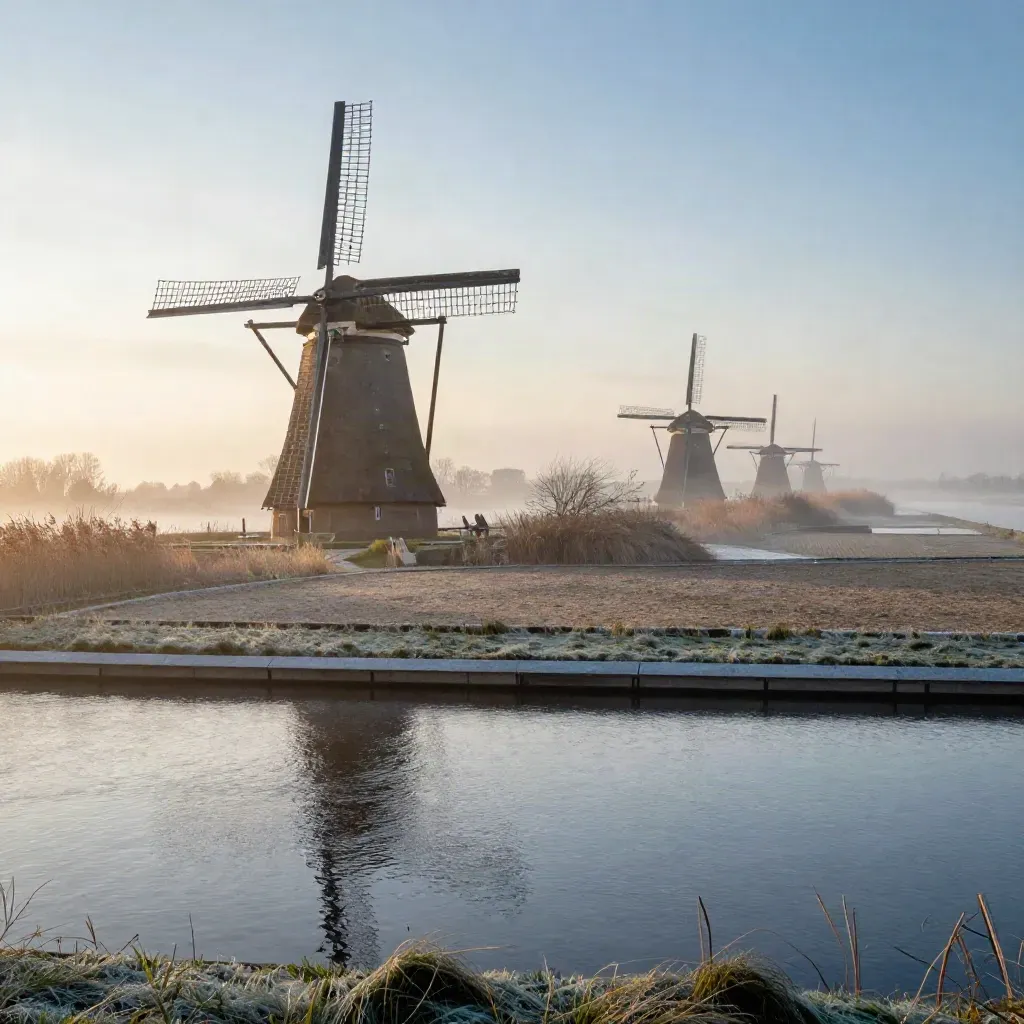 Windmolens van Kinderdijk boven mistige kanalen en riet in zonsopkomst