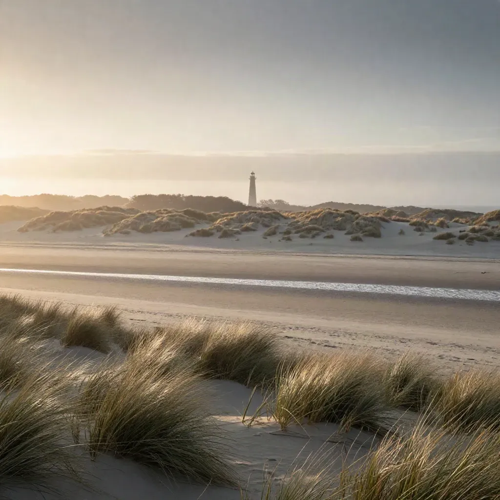 Mistige duinen met verre vuurtoren boven glanzende natte zandvlaktes in Noord-Holland