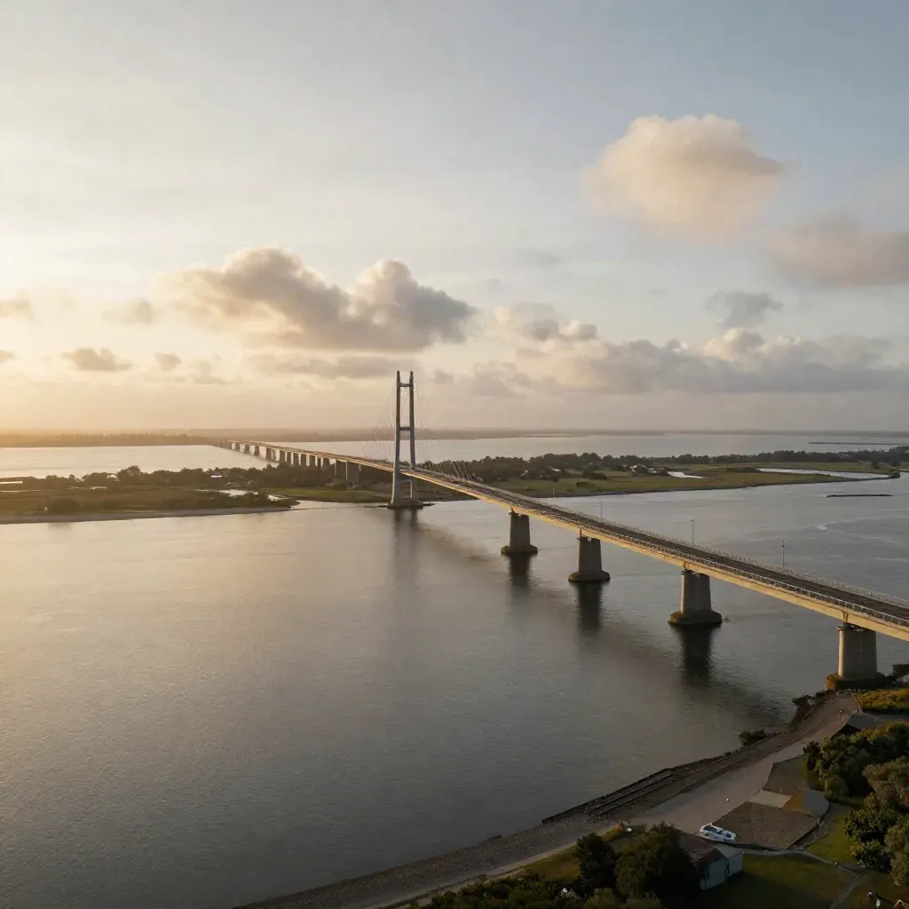 Zeelandbrug boven rustig estuariumwater bij gouden uur, met lage eilanden en zachte wolken.