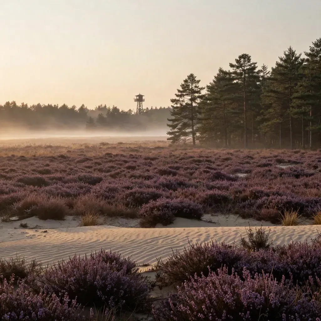 Veluwse heide bij zonsopgang met mist, zandverstuiving, dennenrand en verre uitkijktoren.
