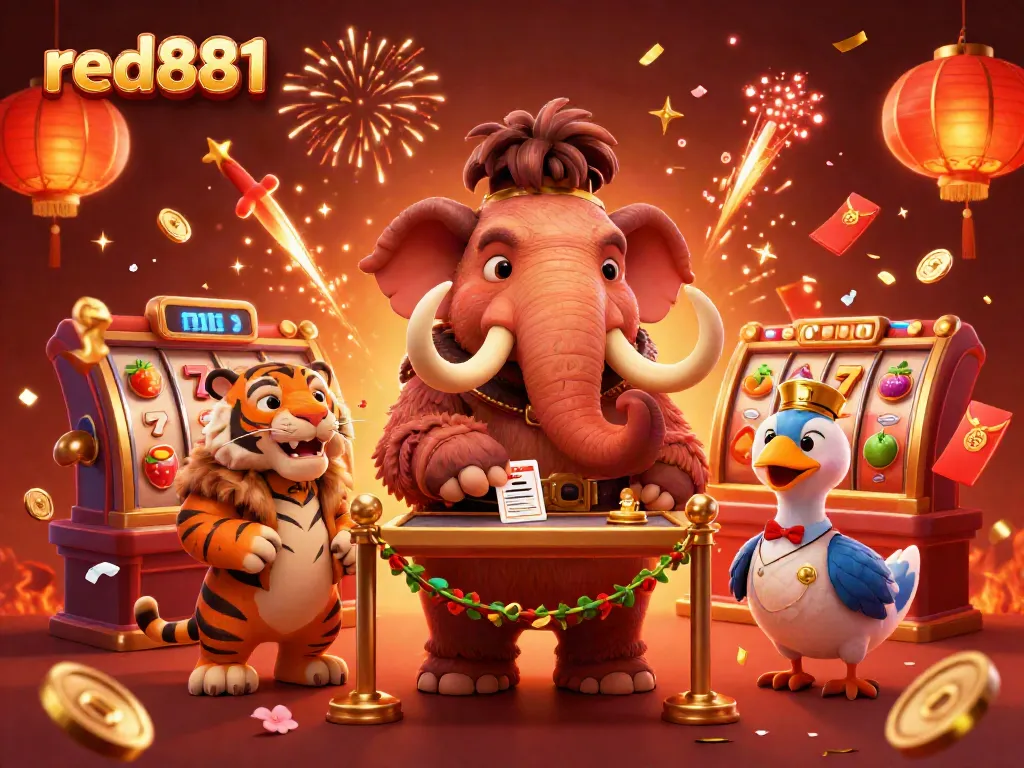 Experience thrilling slots at red881 with a mammoth bouncer and saber-tooth VIP guest.
