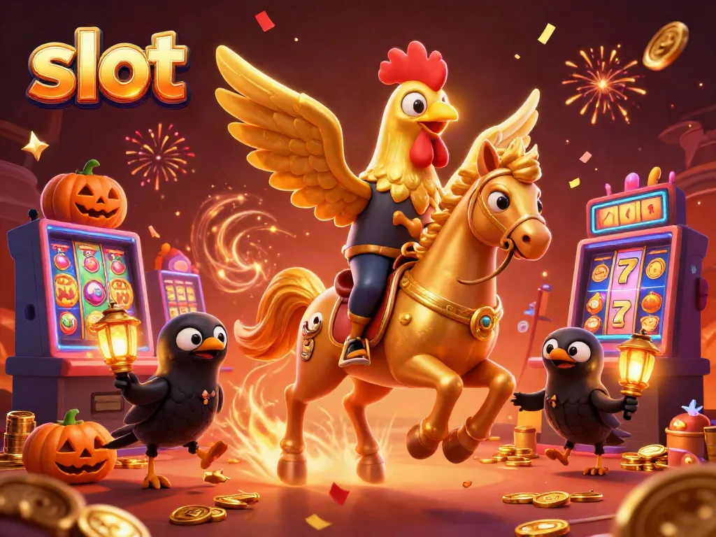 Experience the thrill of slot jackpots in this vibrant casino scene featuring a golden rooster and pumpkin-headed crows.