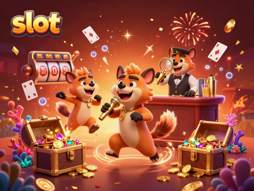 Experience thrilling slot action in an animated casino scene featuring hyenas and vibrant game elements.