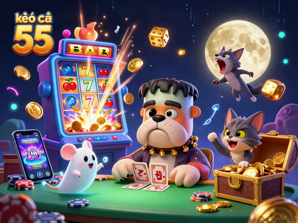 Engaging scene with kèo nhà cái 55 illustrated through a 3D cartoon bulldog dealer, ghost mouse, and werewolf kitten amidst dynamic casino elements.