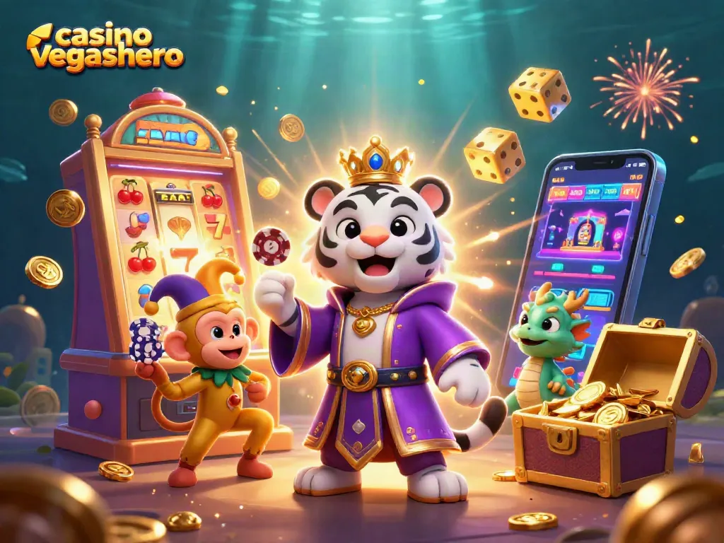 Experience thrilling gaming with casino vegashero featuring a majestic tiger, playful monkey, and dynamic elements.