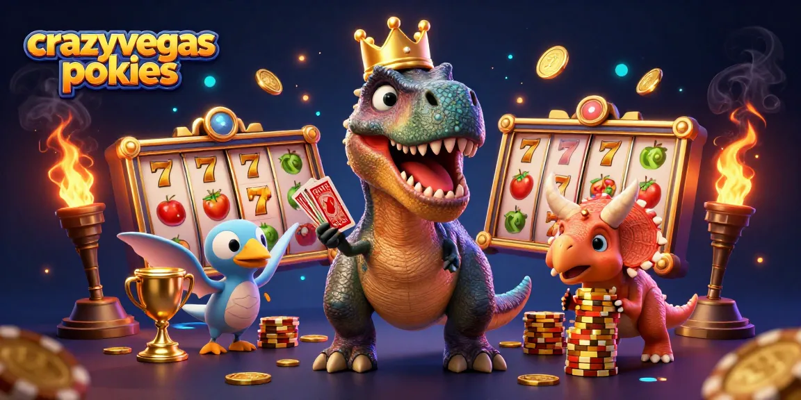 Play with crazyvegas pokies featuring a T-Rex shuffling cards, Pterodactyl assistant, and golden chips.